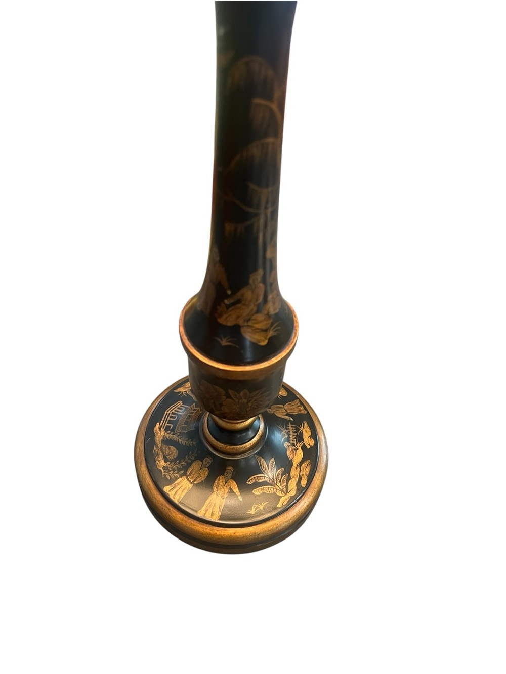 Chinoiserie Black Gold Tole Candlestick Lamp Vintage Hand Painted - Picture 3 of 16